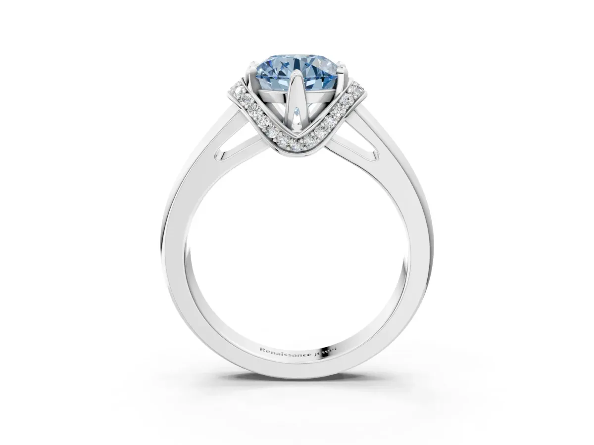Fancy Blue Round Cut Solitaire Diamond Ring with Pave Band and Six-Prong Setting Silver