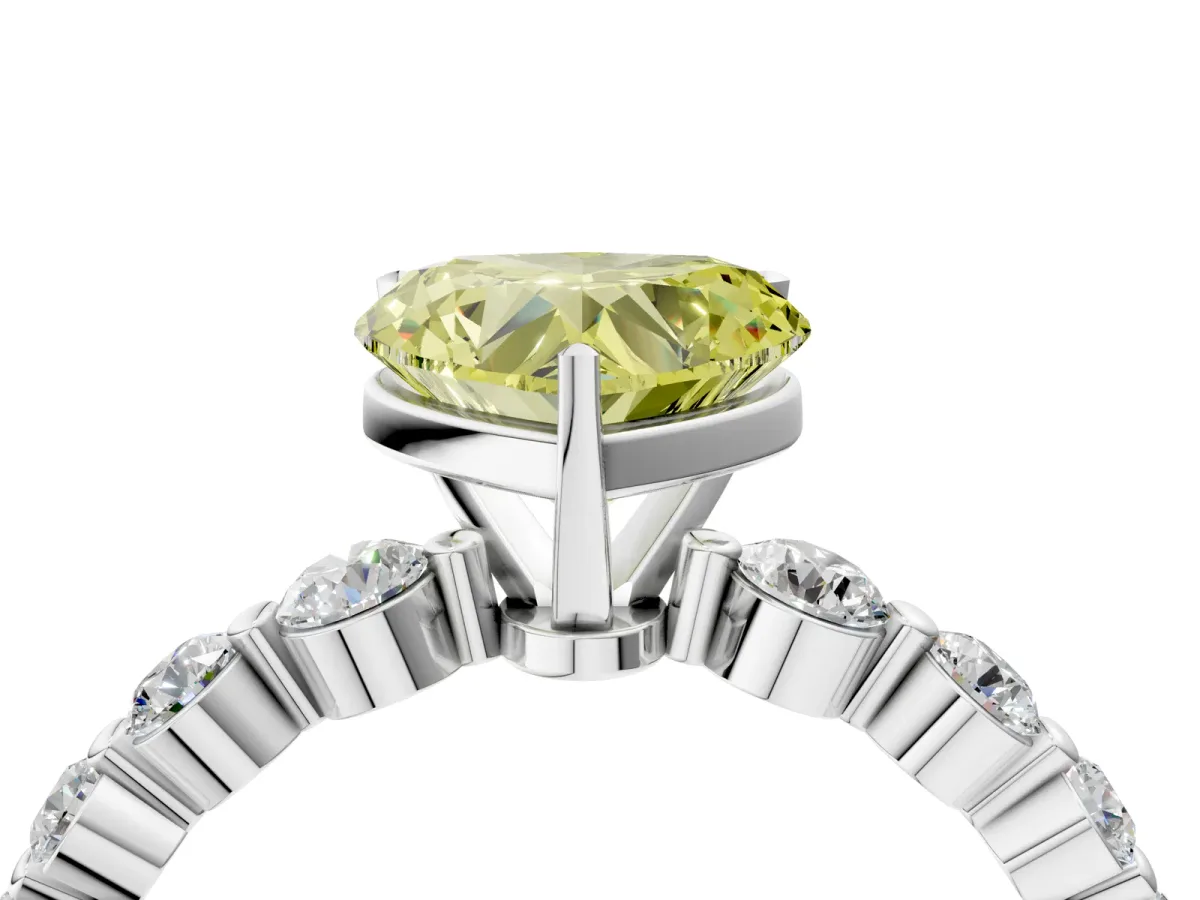Fancy Yellow Heart Cut Solitaire Diamond Ring with Pave Band and Four-Prong Setting Silver