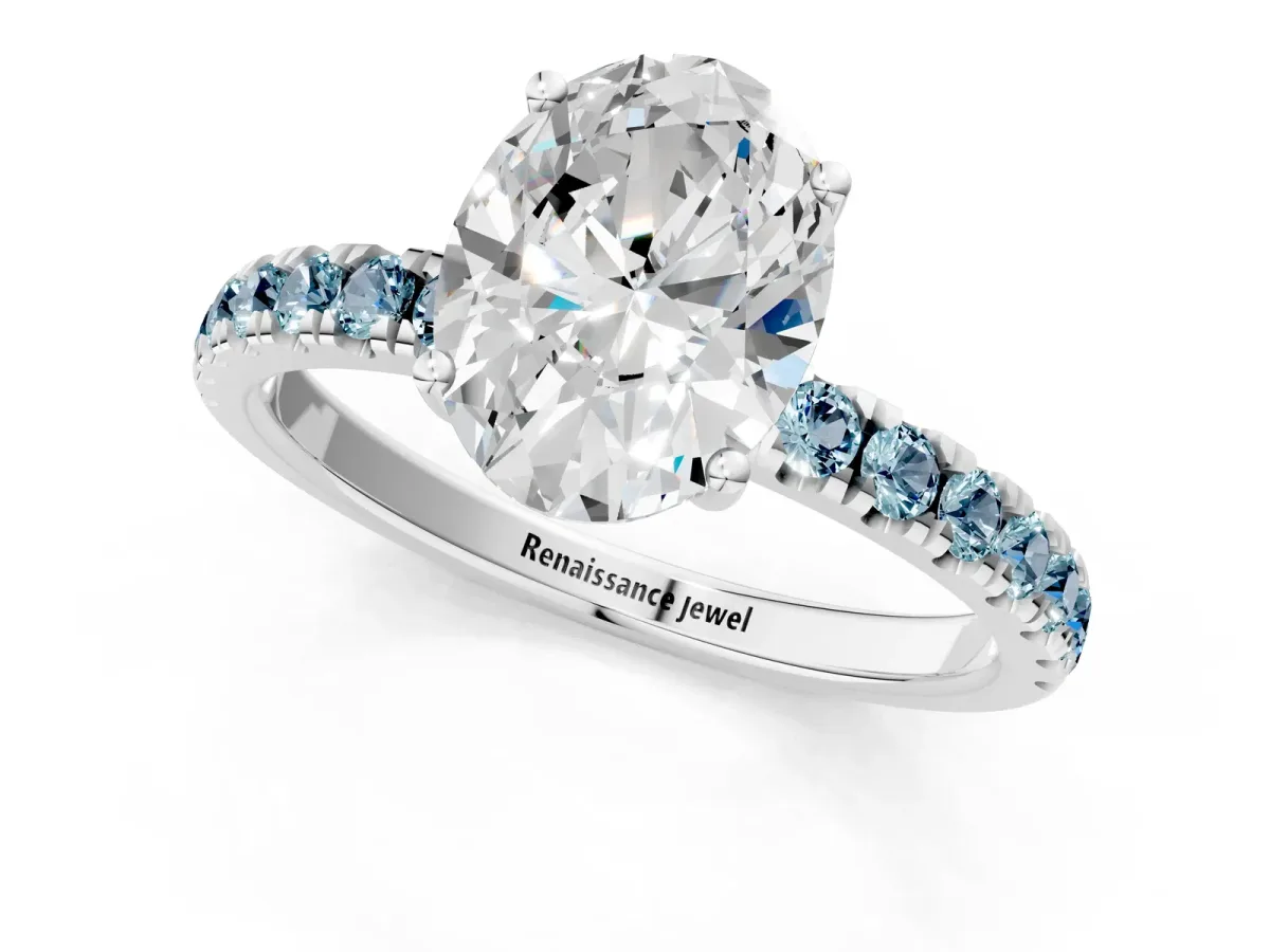 Oval Cut Diamond Pave Band Solitaire Ring with Round Aquamarine and Prong Setting Silver