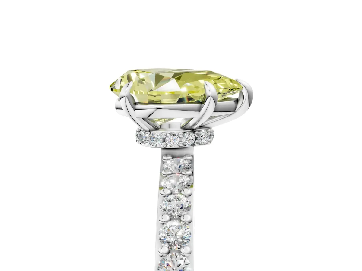 Fancy Yellow Pear Cut Diamond Solitaire Engagement Ring with Pavé Band and Four-Prong Setting Silver