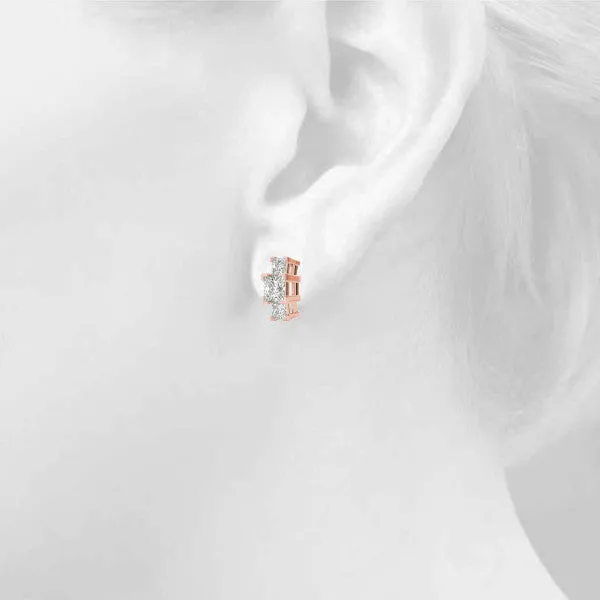 Three-Stone Princess Cut Channel Set Earrings with Bar Prong Setting Rose gold
