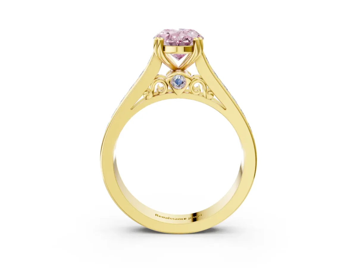 Fancy Pink Oval Cut Cut Channel Set Solitaire Engagement Ring with Prong Setting Yellow gold