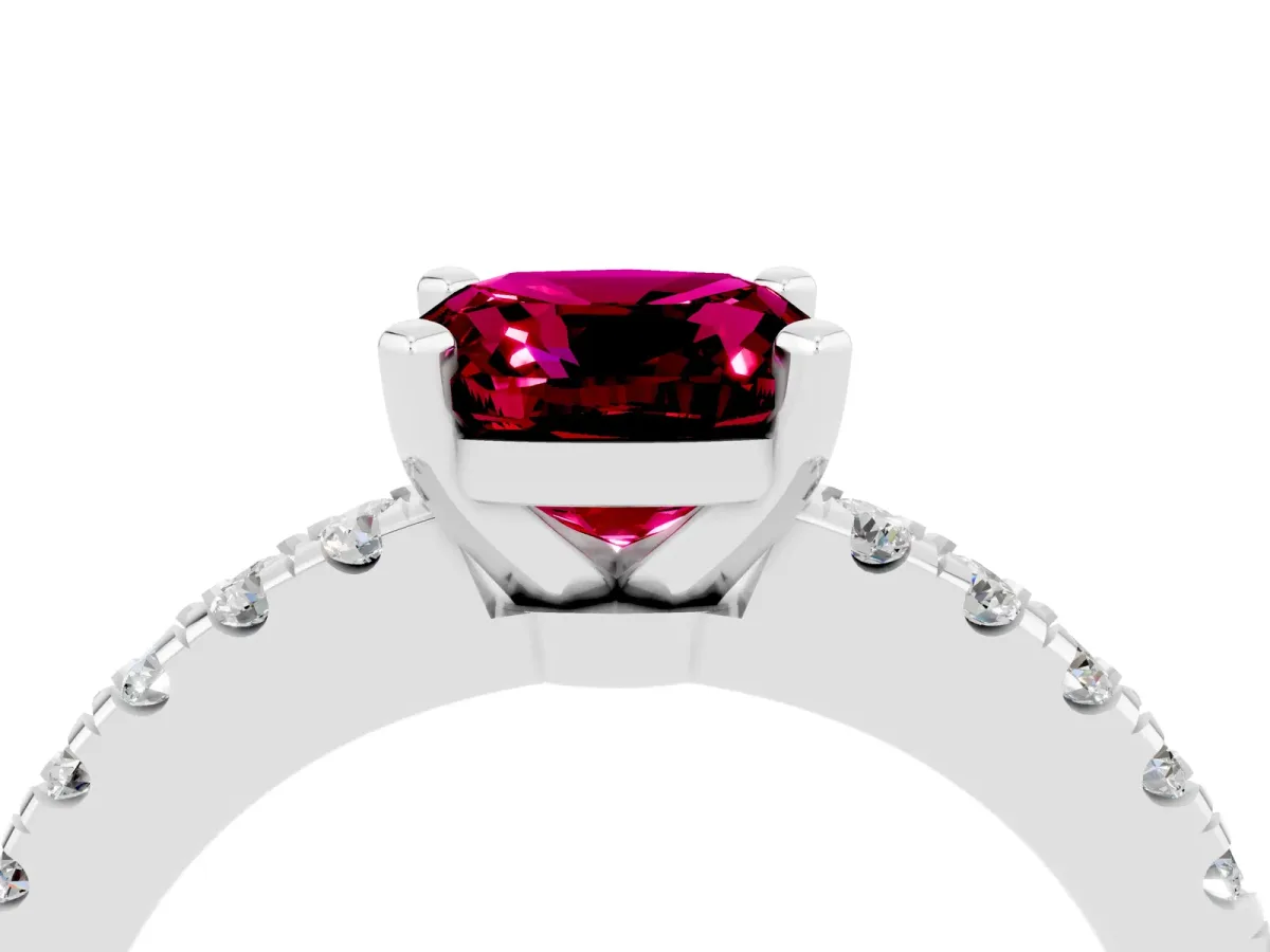 Cushion Cut Solitaire Garnet with Pavé Band and Four-Prong Setting Silver
