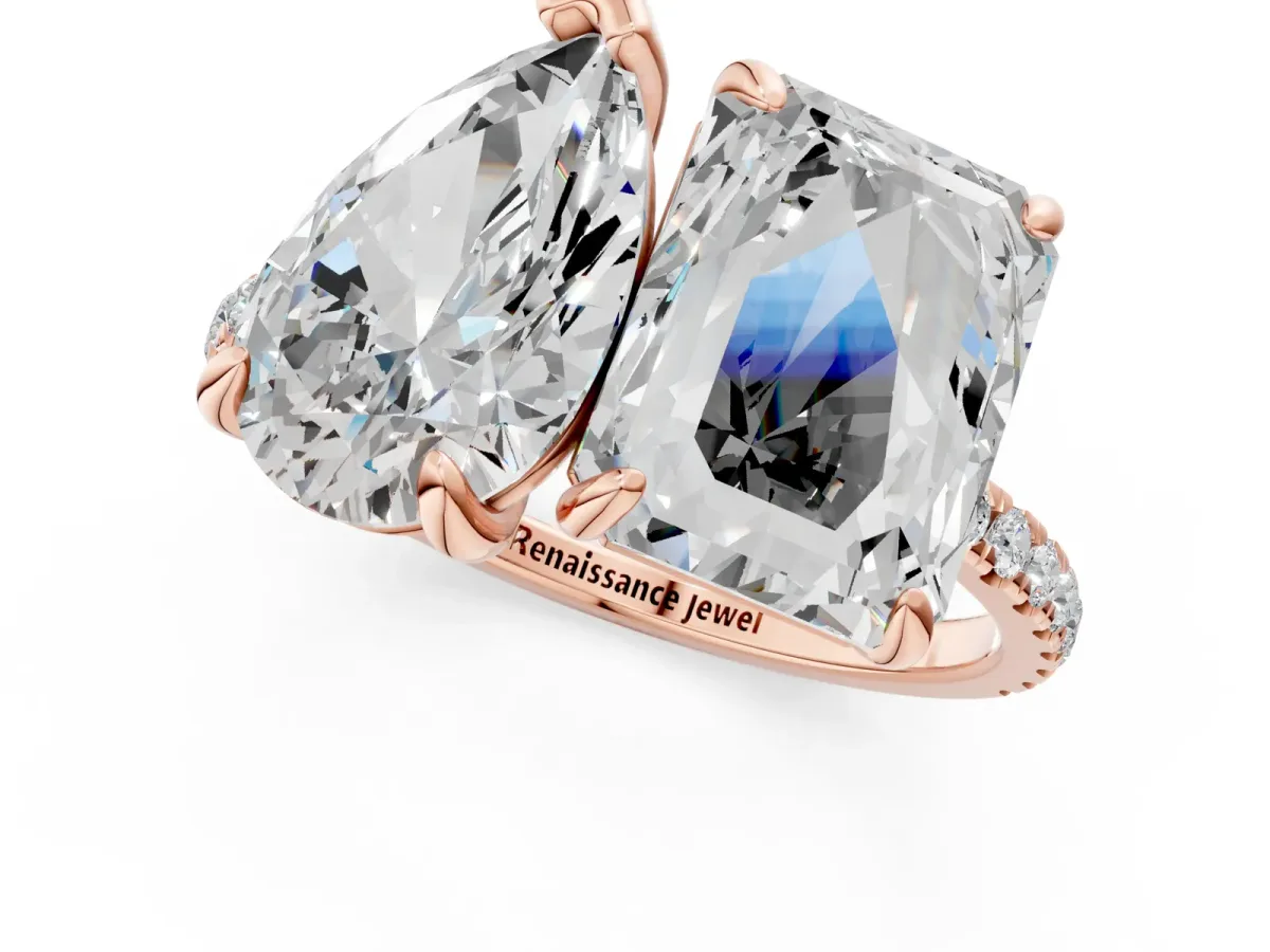 Pear and Emerald Toi Moi Ring with Prong Setting and Micro Pave Band Rose gold