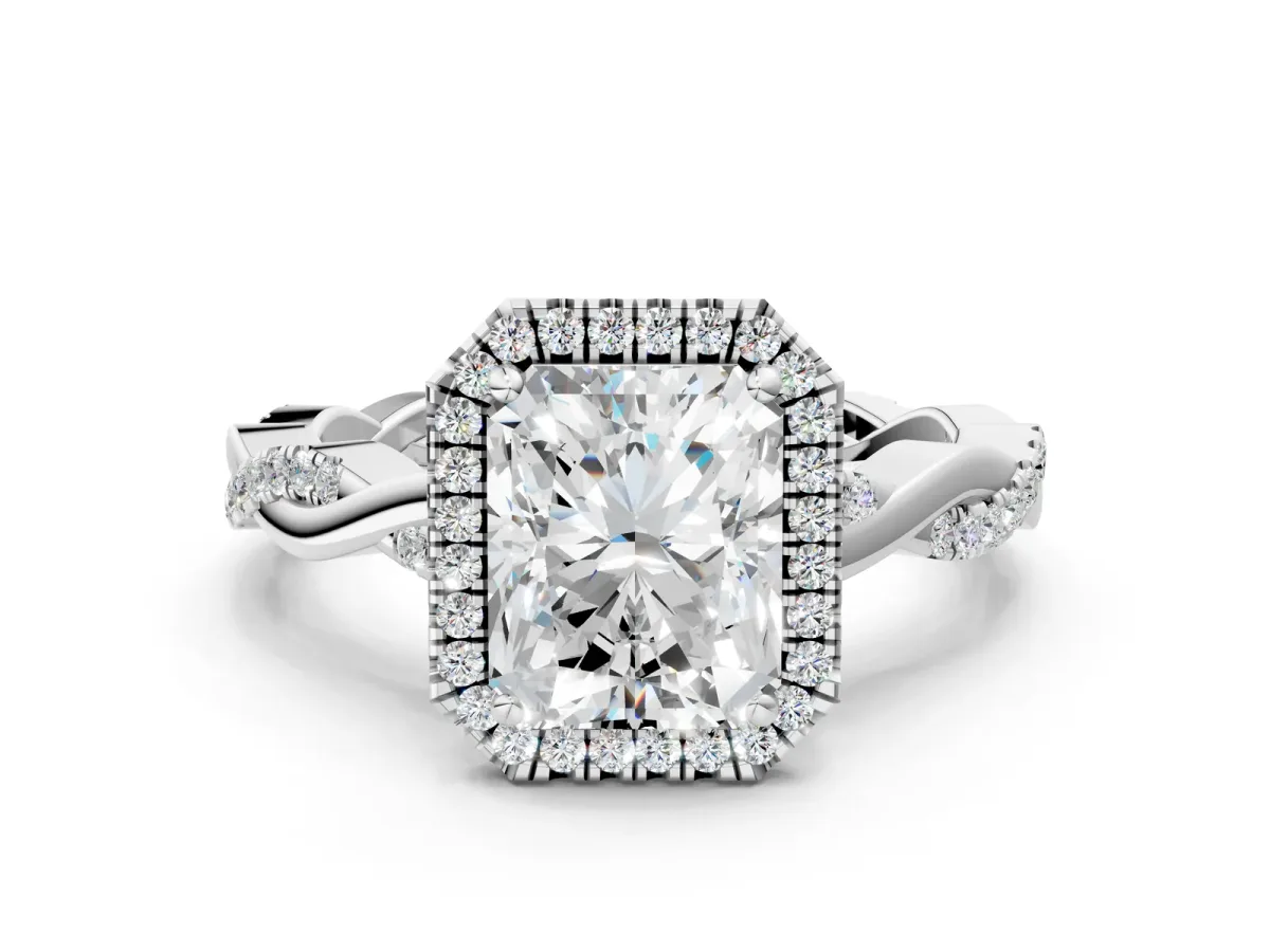 Radiant Cut Cut Halo Twisted Band Four-Prong Ring Platinum