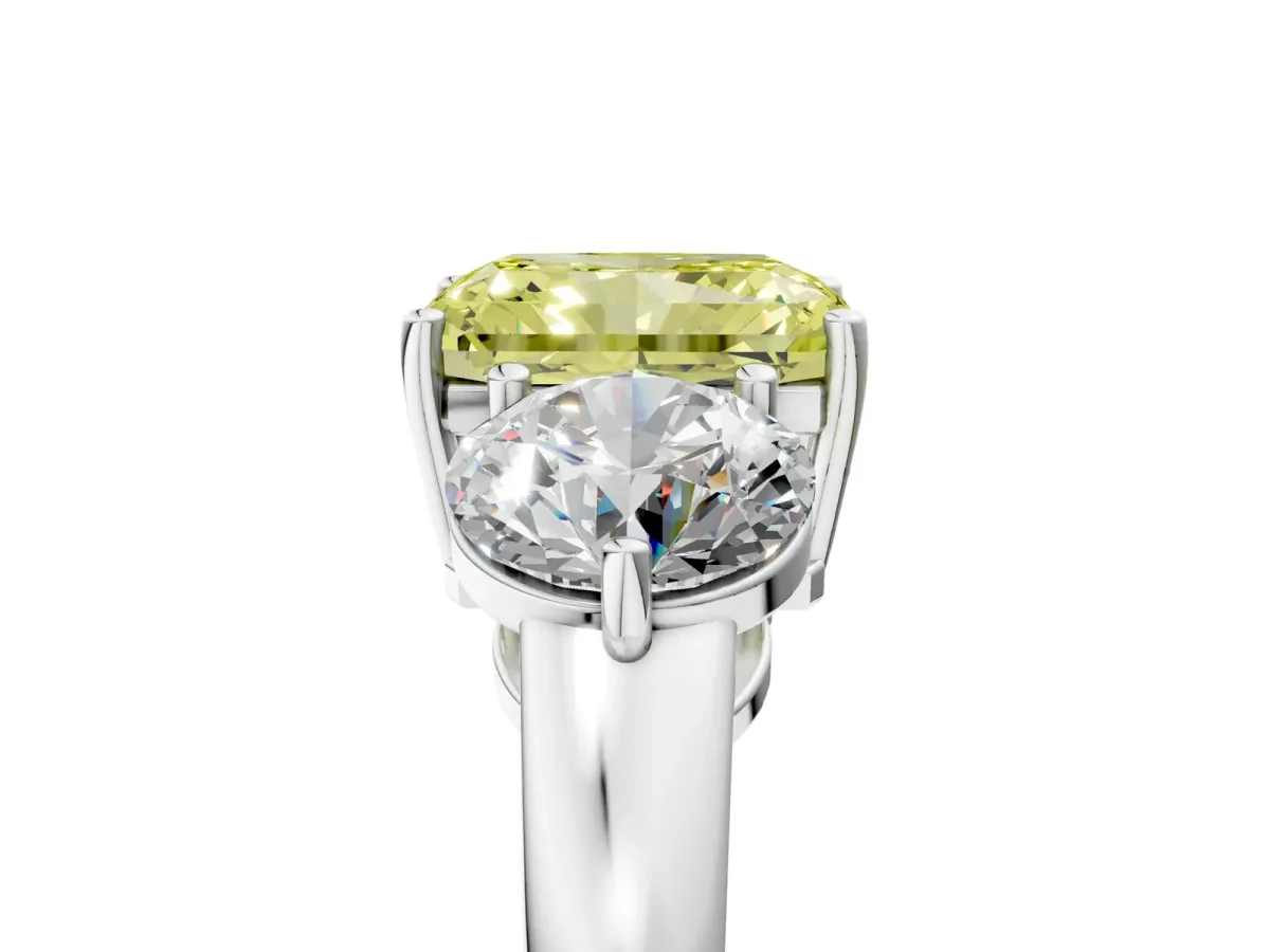 Fancy Yellow Radiant Cut Diamond Three-Stone Ring with Prong Setting and Classic Band Platinum