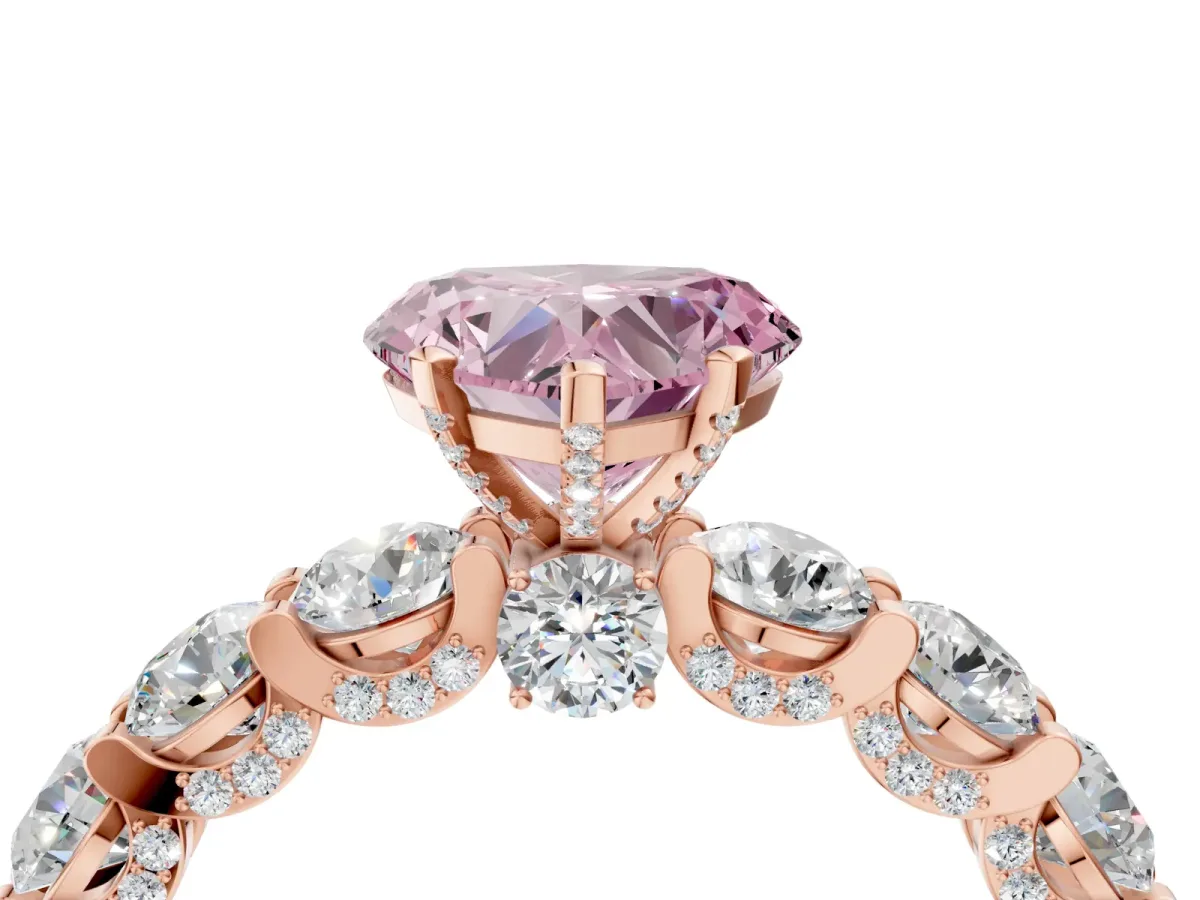 Fancy Pink Heart Cut Diamond Side Stone Engagement Ring with Four-Prong Setting Rose gold