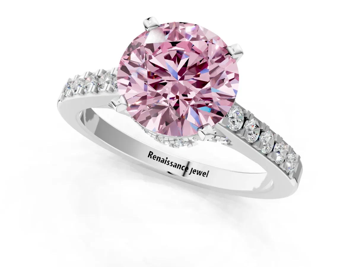 Fancy Pink Round Cut Diamond Solitaire Ring with Crossover Gallery and Round Pavé Band Silver