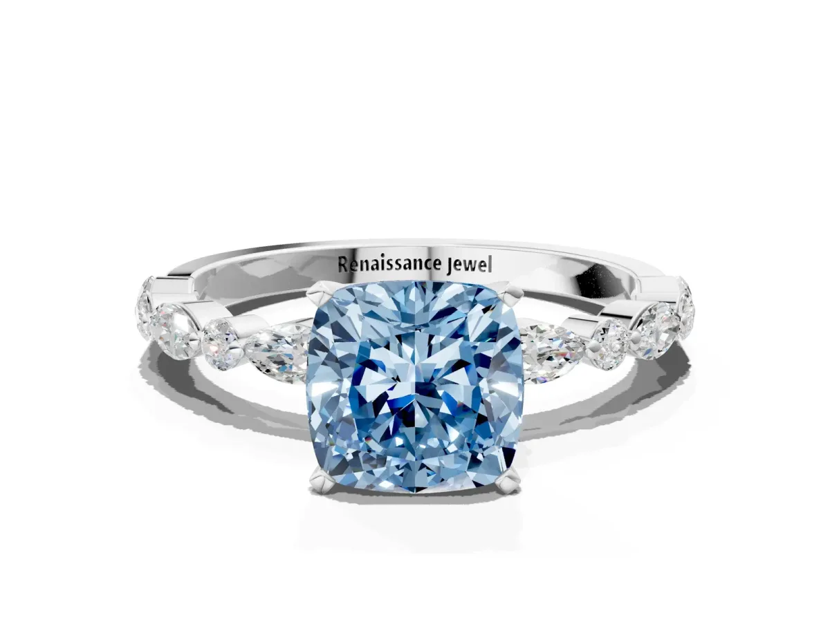 Fancy Blue Cushion Cut Diamond Ring with Marquise and Round Side Stones and Four-Prong Setting Silver