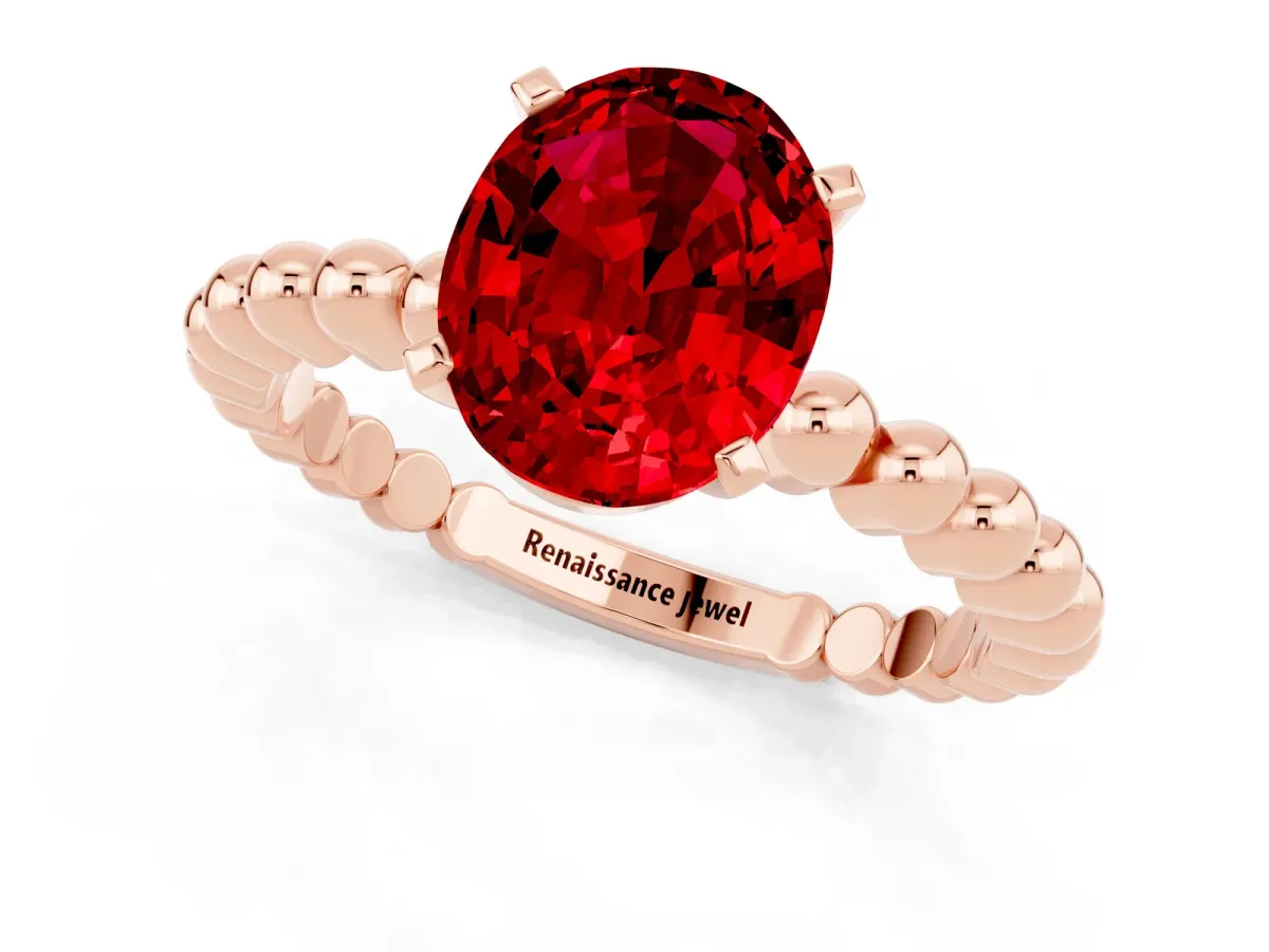 Oval Cut Ruby Solitaire Ring with Beaded Band and Prong Setting Rose gold