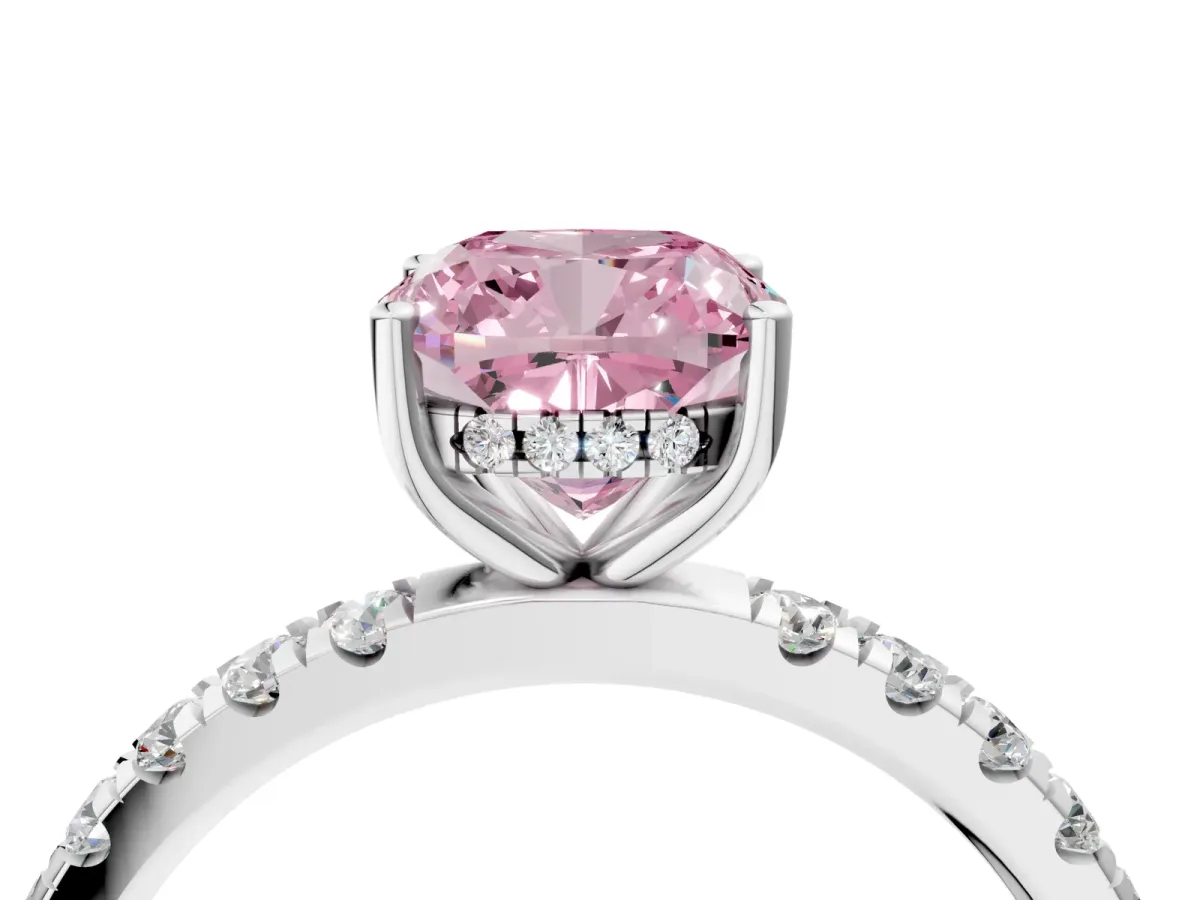 Fancy Pink Cushion Cut Diamond Pave Band Solitaire Ring with Round and Prong Setting Silver