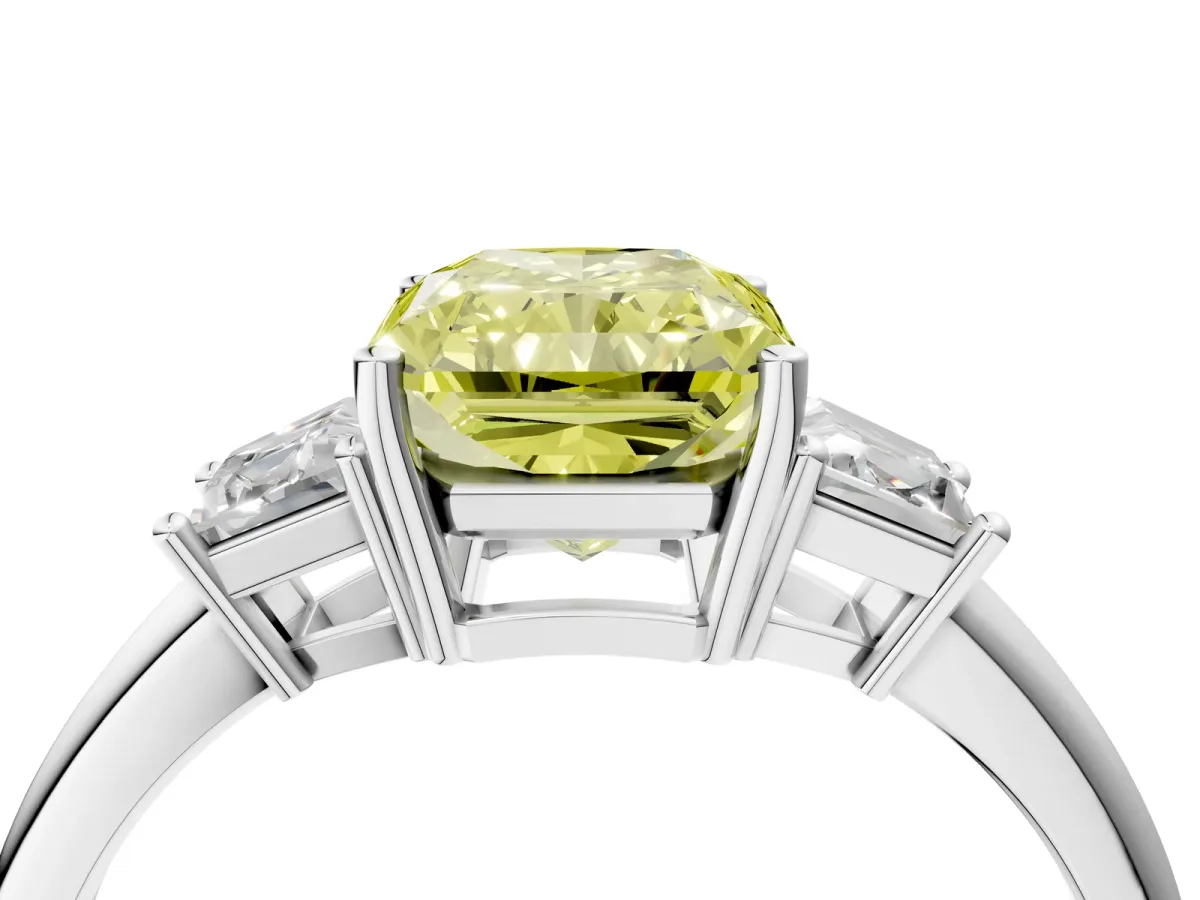 Fancy Yellow Radiant Cut Diamond Three-Stone Ring with Trapezoid Side Stones and Prong Setting Silver