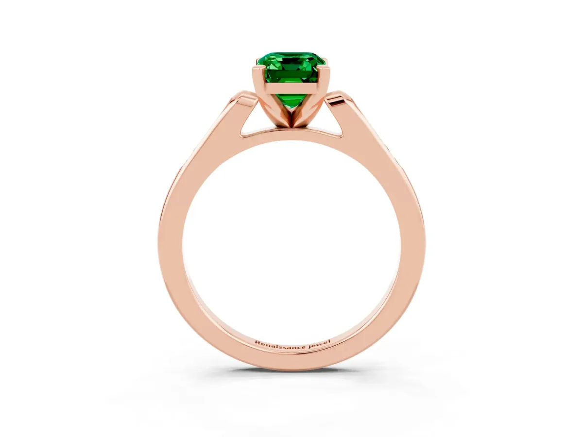 Emerald Cut Emerald Solitaire Ring with Channel Set Round Band and Prong Setting Rose gold