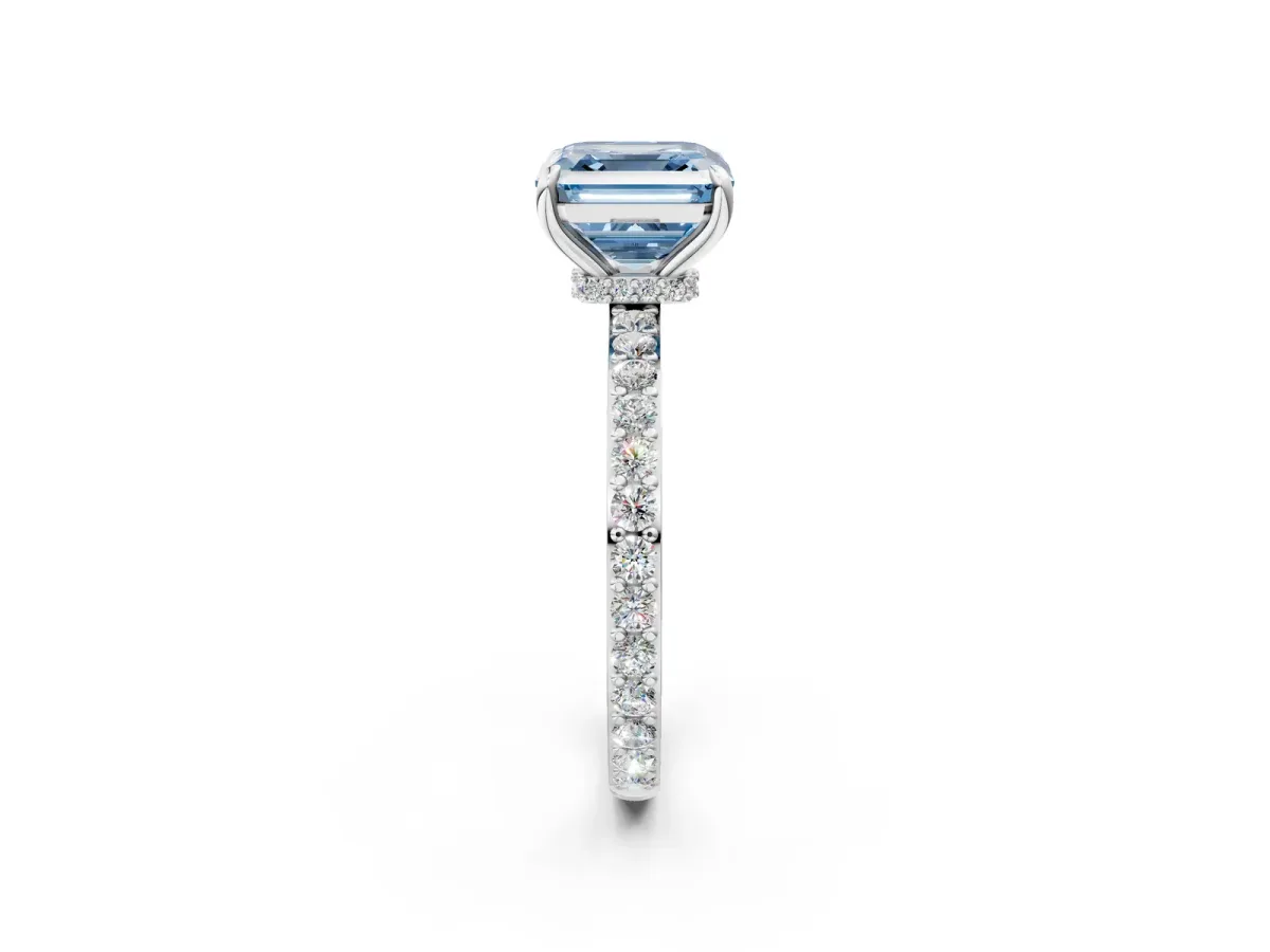 Fancy Blue Asscher Cut Diamond Solitaire Engagement Ring with Pavé Band and Four-Prong Setting Silver