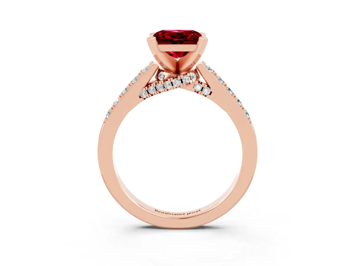 Princess Cut Ruby Solitaire Ring with Crossover Gallery and Round Pavé Band Rose gold