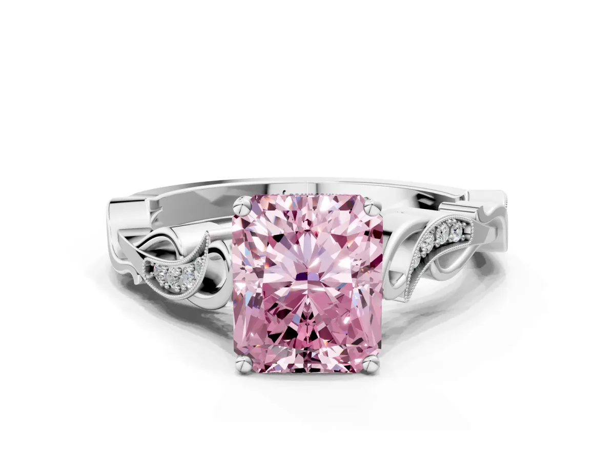 Fancy Pink Radiant Cut Solitaire Vine Band with Milgrain Prong Setting Platinum