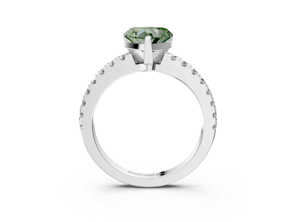 Fancy Green Heart Cut Solitaire Diamond with Pavé Band and Four-Prong Setting Silver