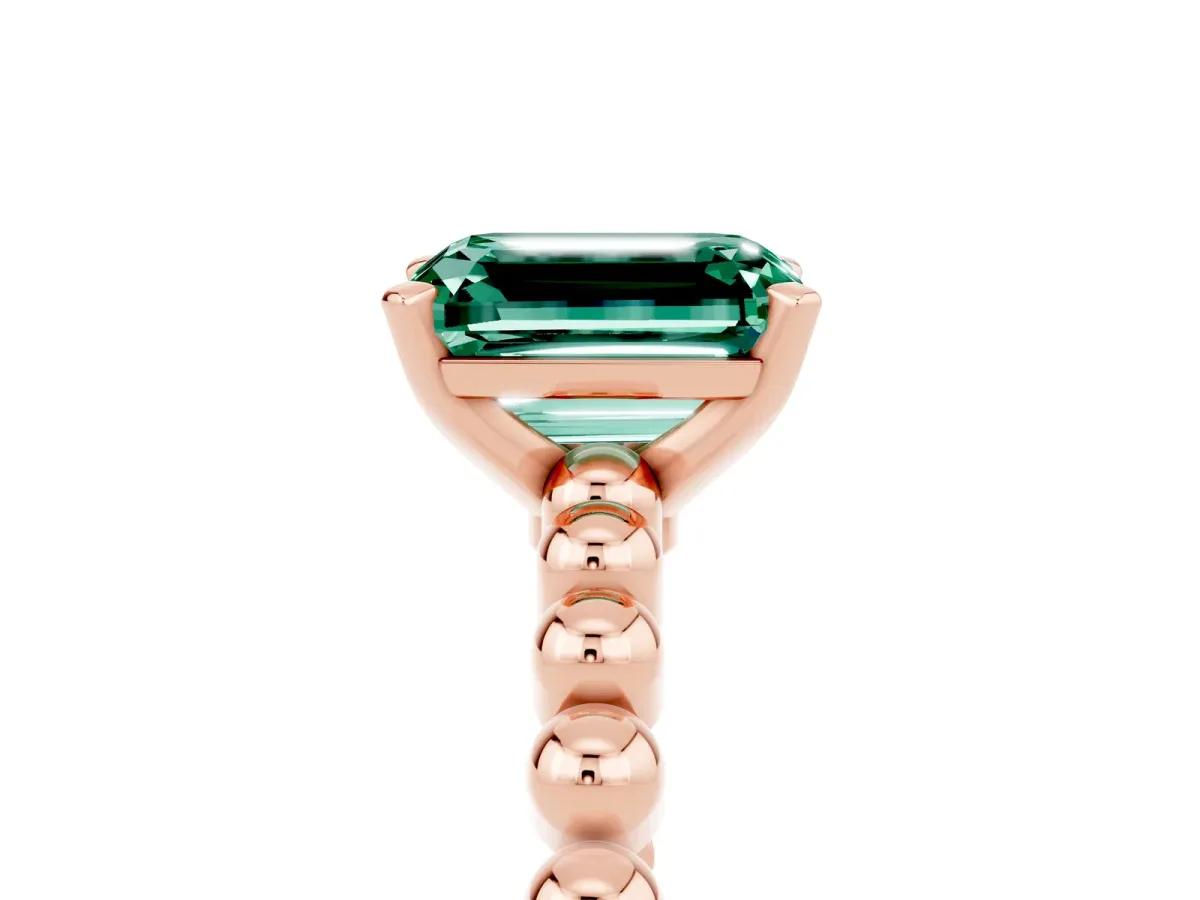 Emerald Cut Green Sapphire Solitaire Ring with Beaded Band and Prong Setting Rose gold