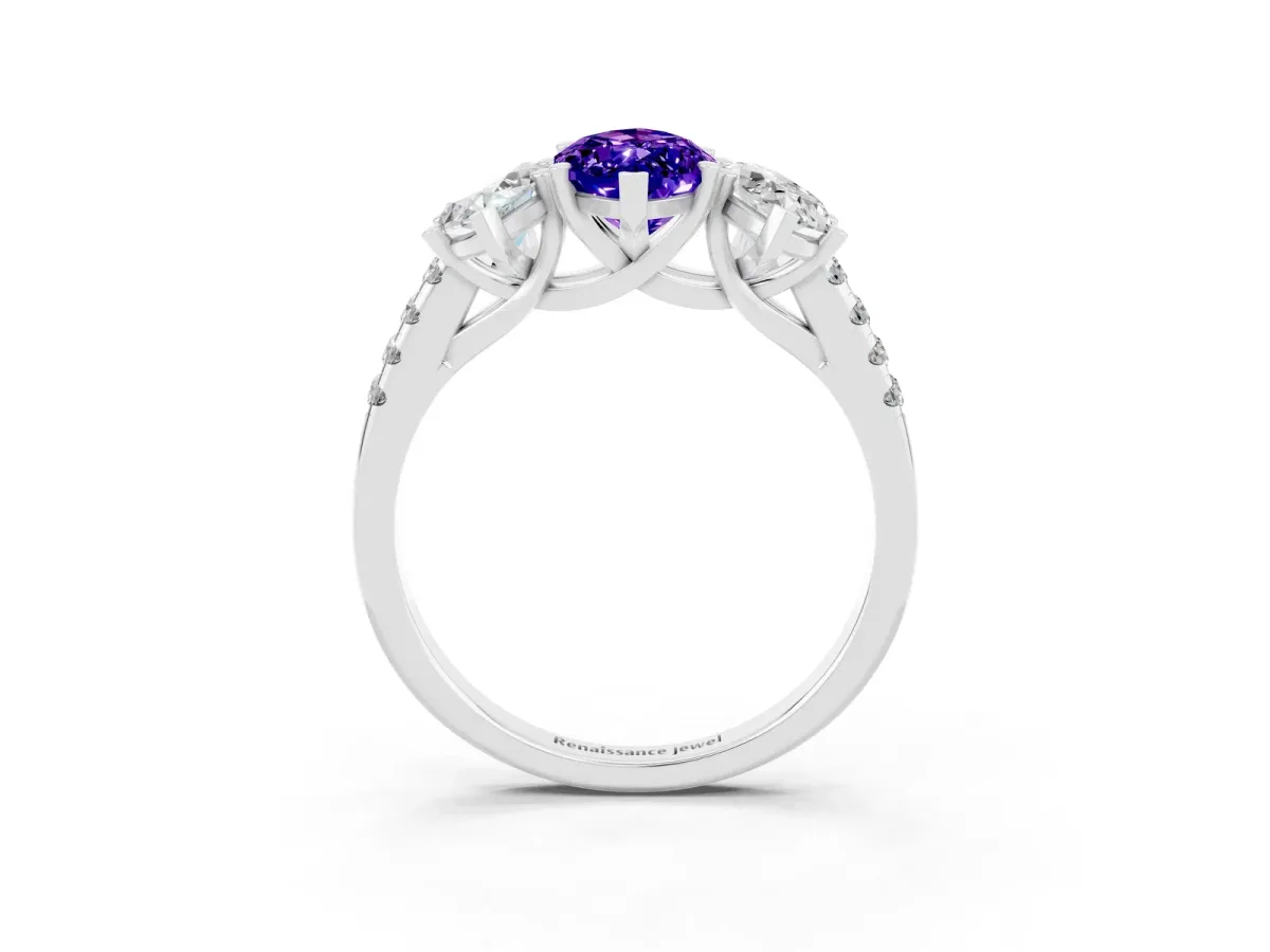 Three-Stone Marquise Cut Tanzanite Ring with Round Pavé Band and Prong Setting Silver