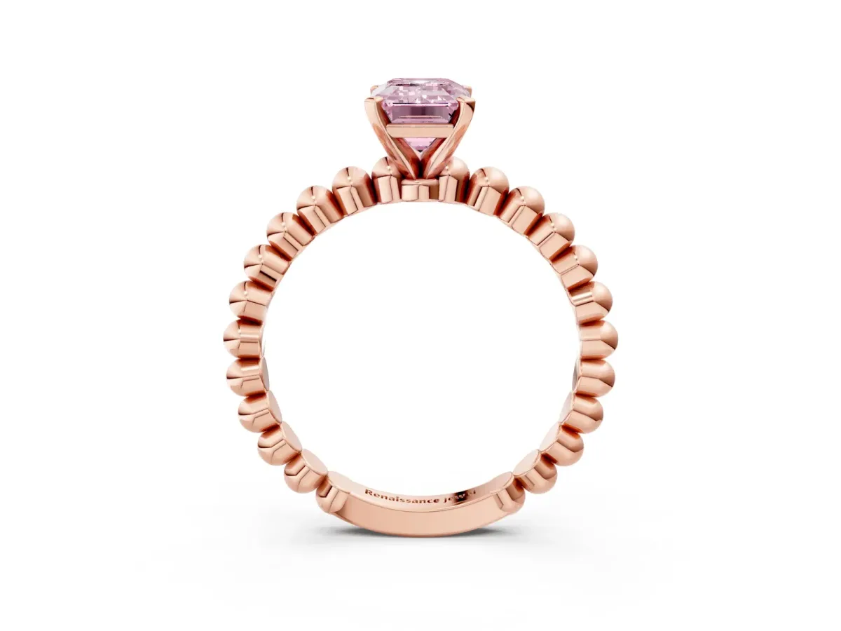 Fancy Pink Emerald Cut Diamond Solitaire Ring with Beaded Band and Prong Setting Rose gold
