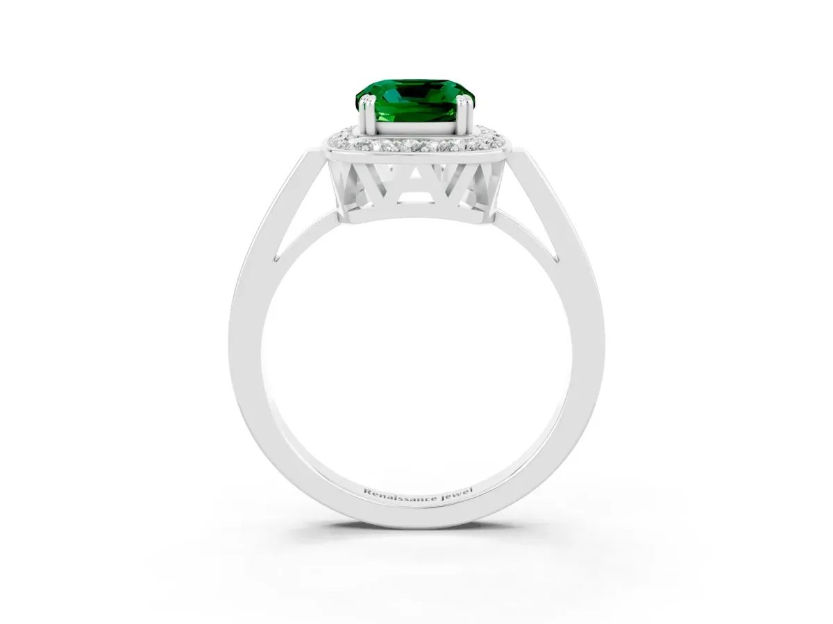 Cushion Cut Emerald Halo Ring with Split Shank and Four-Prong Setting White gold