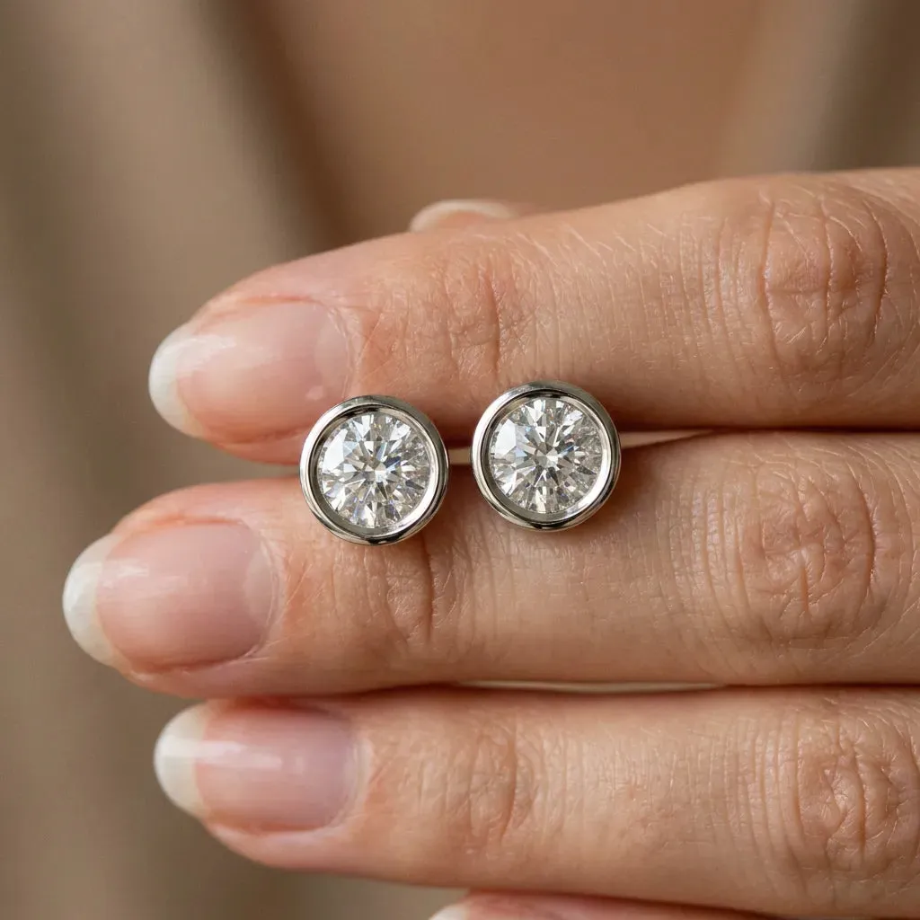 Bezel Set Round Diamond Stud Earrings White gold