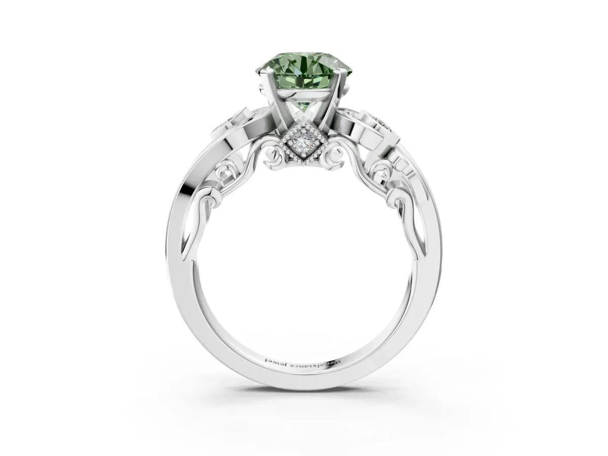 Fancy Green Round Cut Diamond Solitaire Ring with Milgrain Pavé Band and Four-Prong Setting Silver