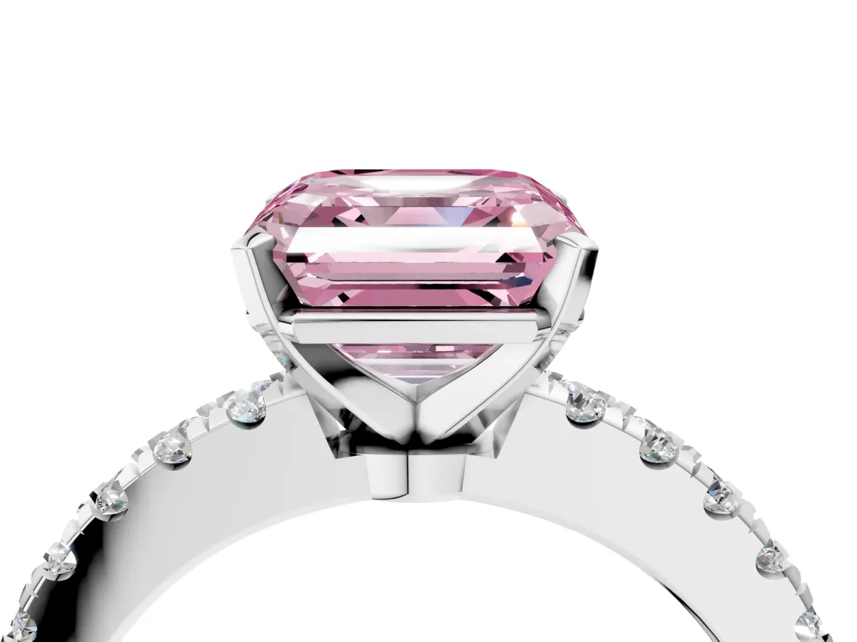 Fancy Pink Asscher Cut Solitaire Diamond with Pavé Band and Four-Prong Setting Silver