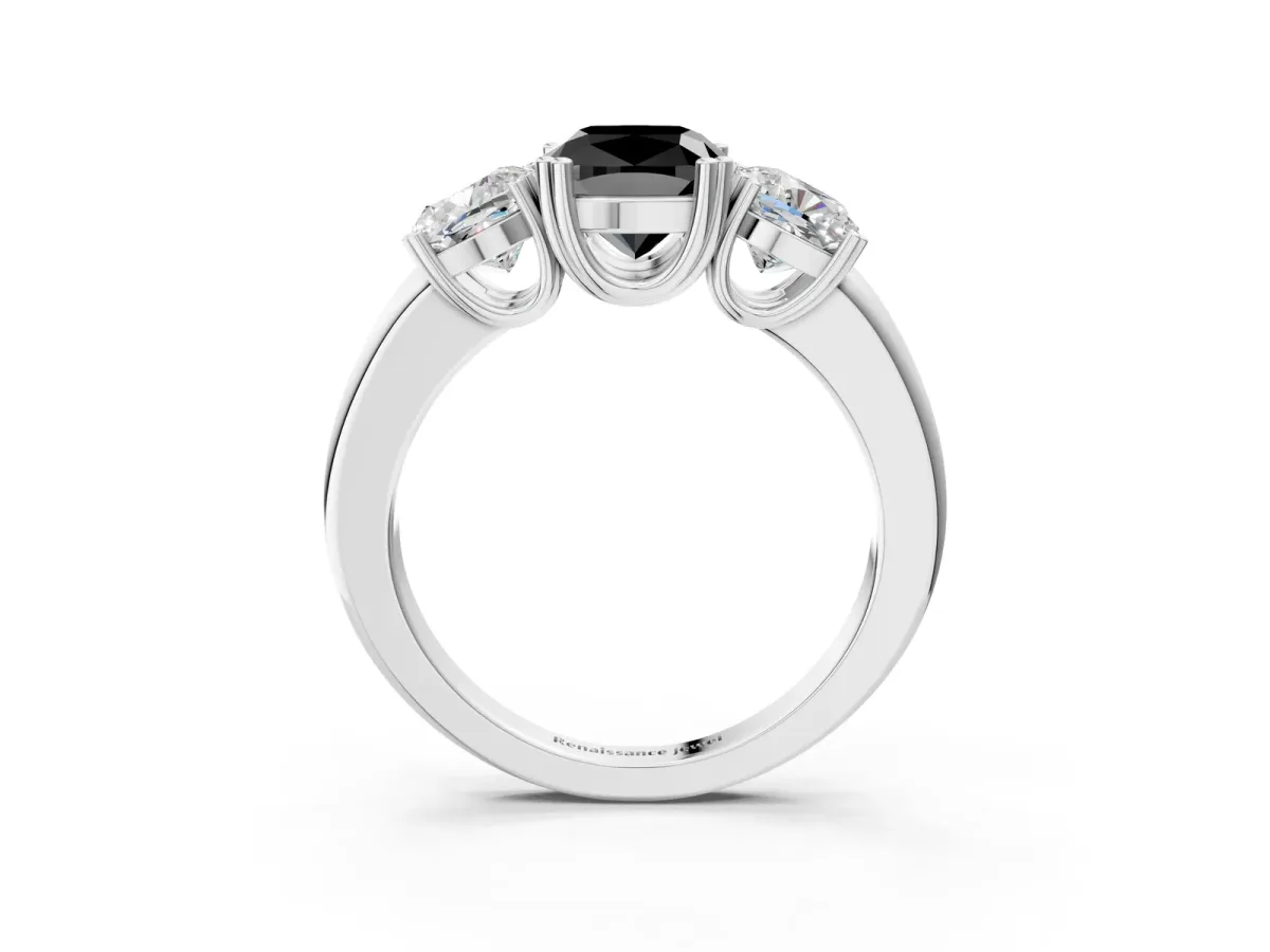 Fancy Black Three-Stone Cushion Cut Cut Diamond Ring with Channel Set Band and Four-Prong Setting Silver