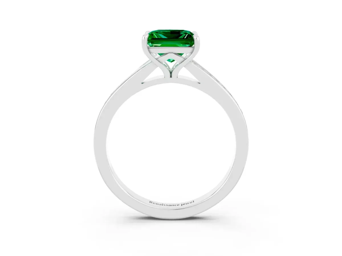 Princess Cut Emerald Solitaire Ring with Pavé Band and Prong Setting Silver