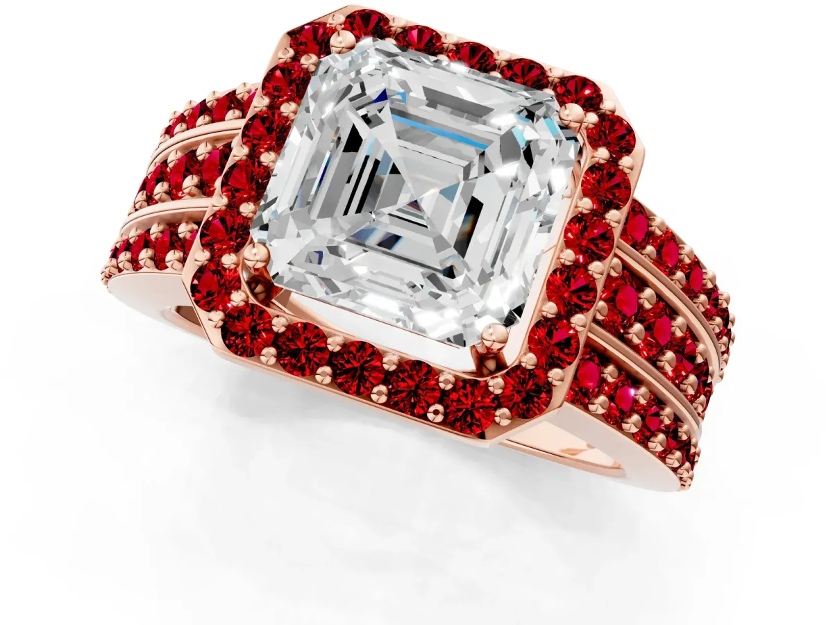Asscher Cut Halo Diamond Ring with Round Ruby Split Shank and Prong Setting Rose gold