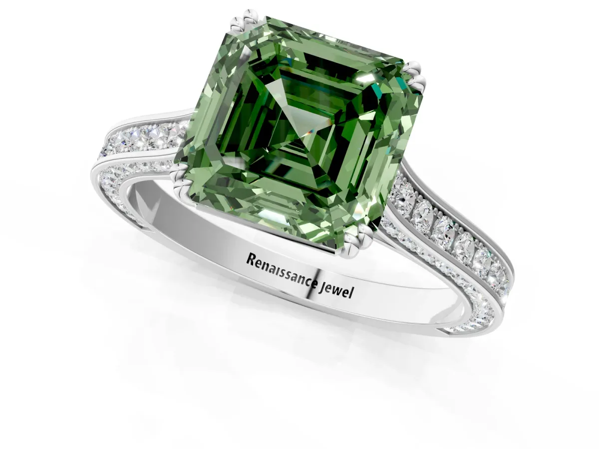 Fancy Green Asscher Cut Diamond Solitaire with Pave Band and Six-Prong Setting Platinum