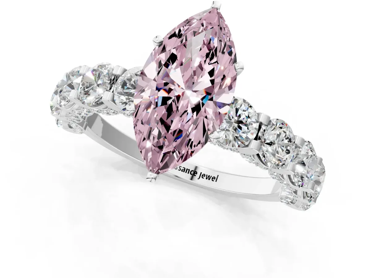 Fancy Pink Marquise Cut Diamond Side Stone Engagement Ring with Four-Prong Setting White gold
