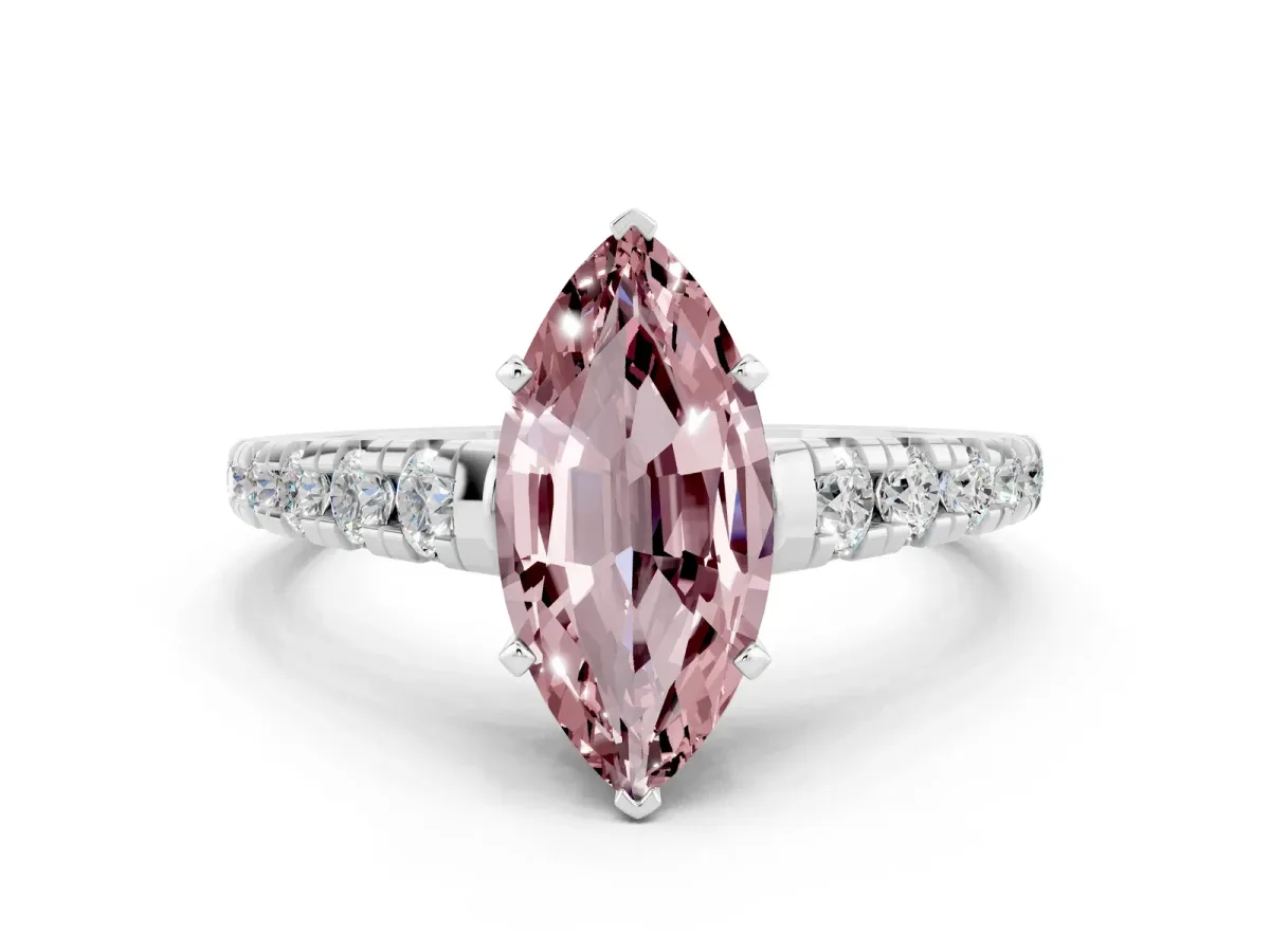 Marquise Cut Morganite Cathedral Solitaire Ring with Round Pavé Band Silver