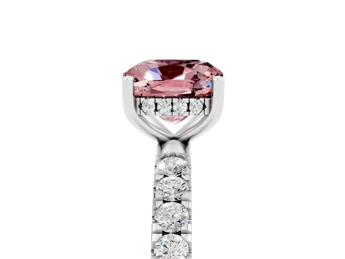 Cushion Cut Morganite Pave Band Solitaire Ring with Round and Prong Setting Platinum