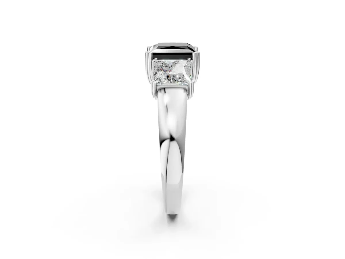 Fancy Black Three-Stone Princess Cut Cut Diamond Ring with Channel Set Band and Four-Prong Setting Silver