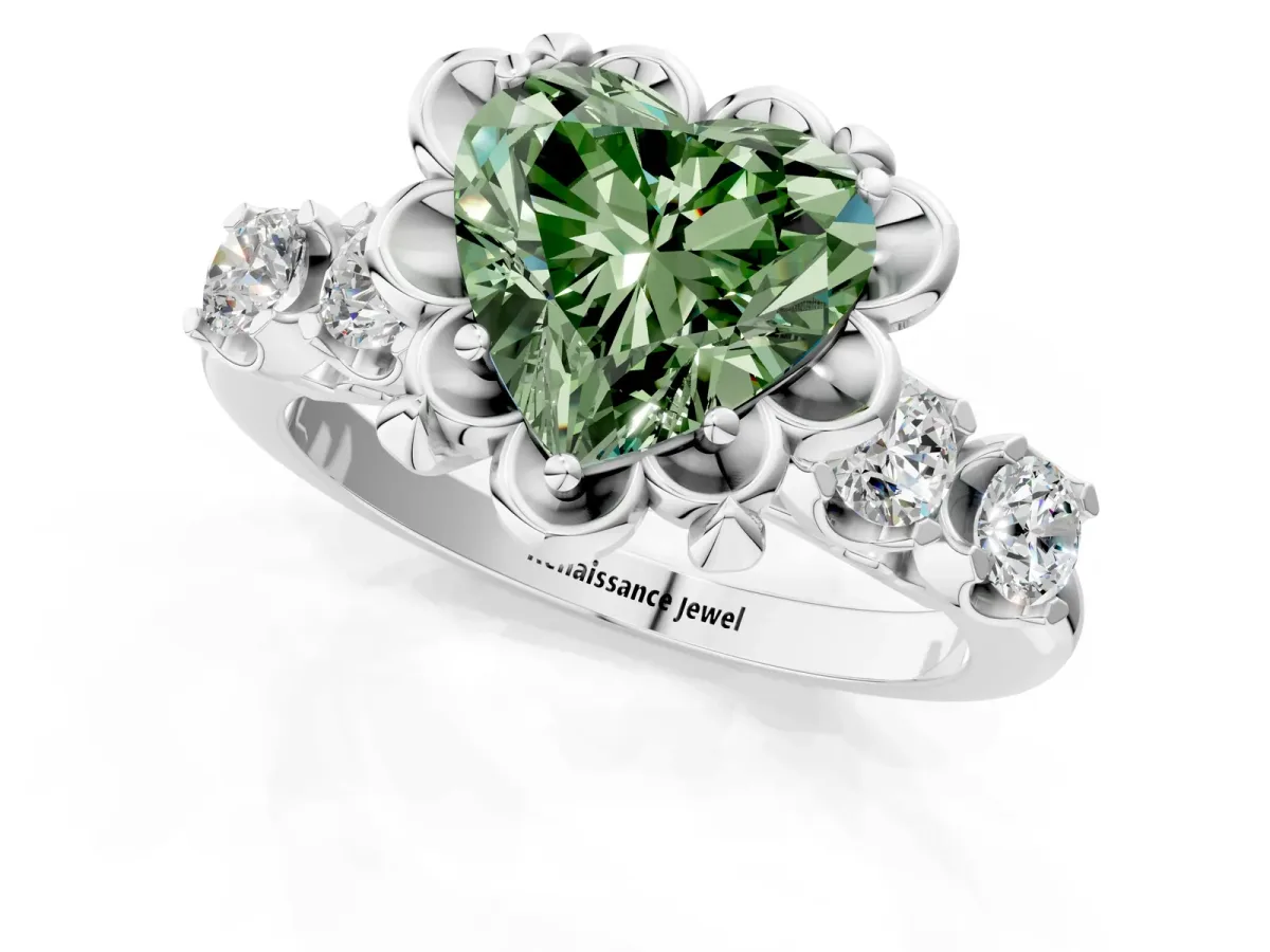 Fancy Green Heart Cut Cut Diamond Floral Halo Engagement Ring with Shared Prong Setting Silver