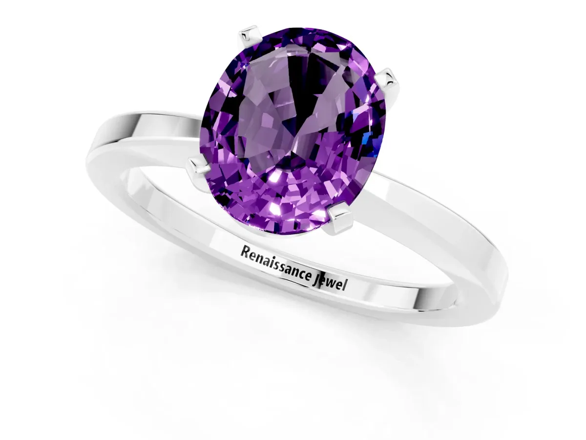 Oval Cut Amethyst Solitaire Engagement Ring with Classic Band and Four-Prong Setting Silver