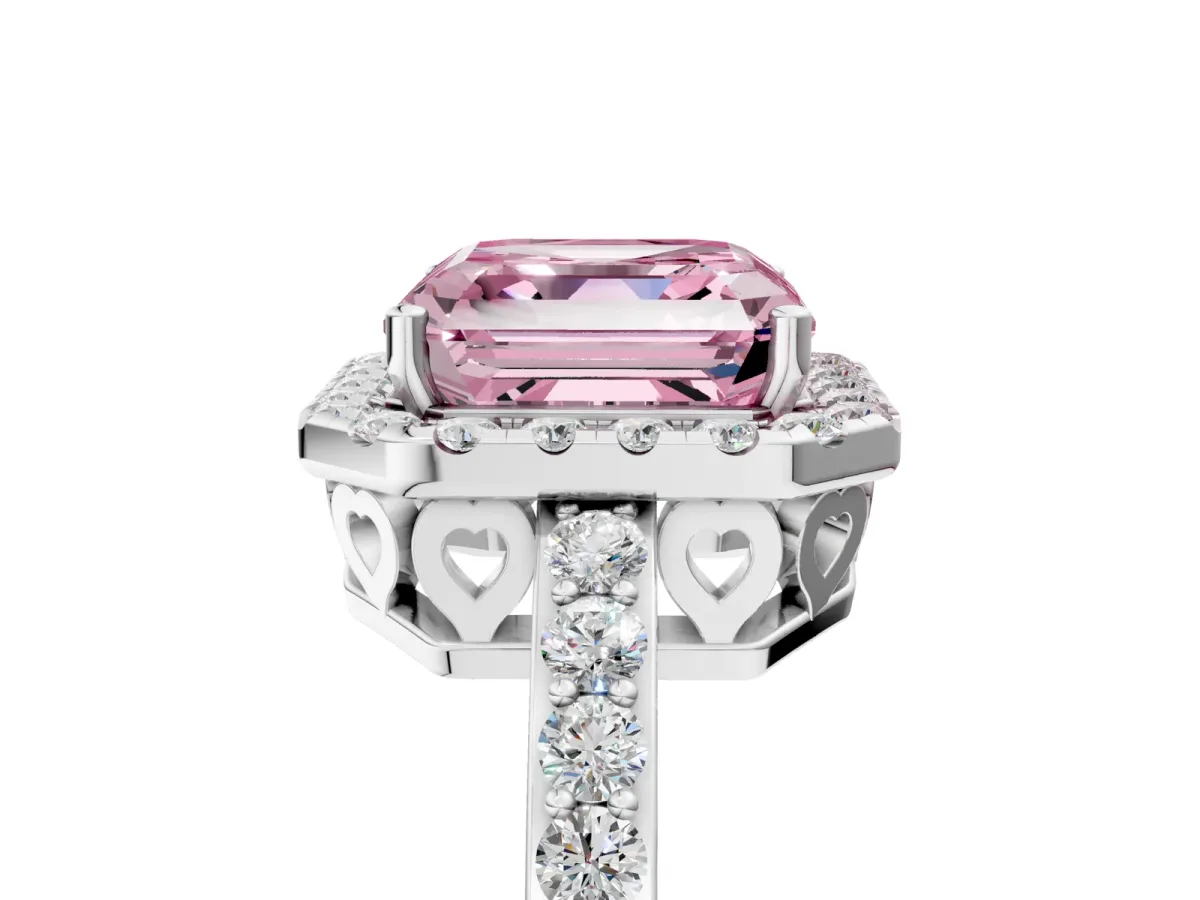 Fancy Pink Asscher Cut Halo Diamond Pavé Band Ring with Prong Setting Silver