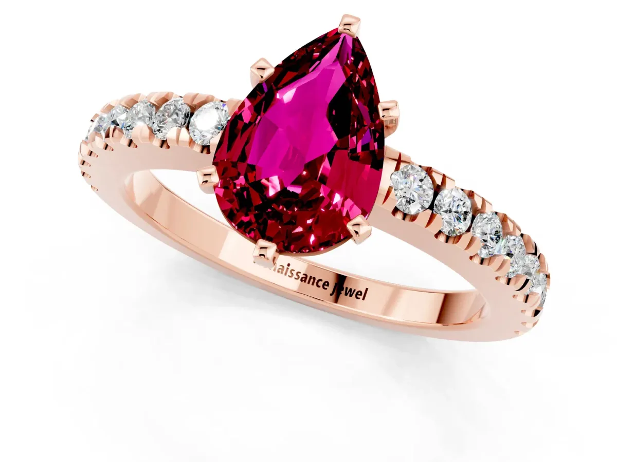Pear Cut Solitaire Garnet with Pavé Band and Four-Prong Setting Rose gold