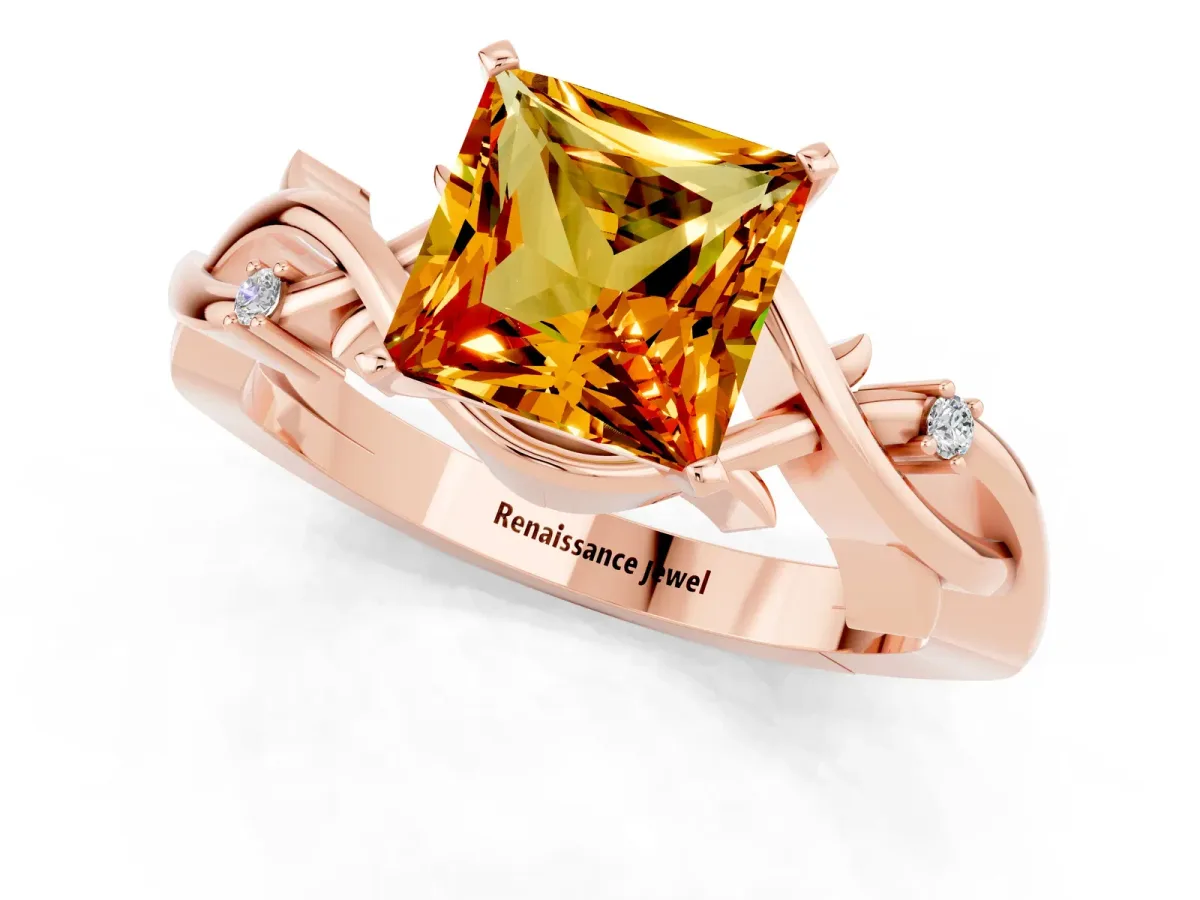 Princess Cut Citrine Solitaire Ring with Twisted Band and Prong Setting Rose gold