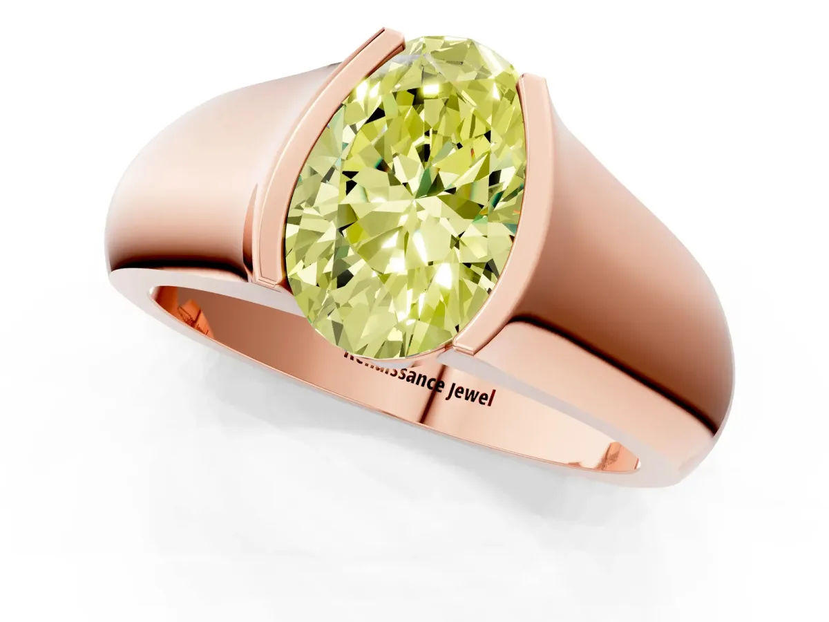 Fancy Yellow Oval Cut Solitaire Bezel Set Diamond Ring with Wide Band Rose gold