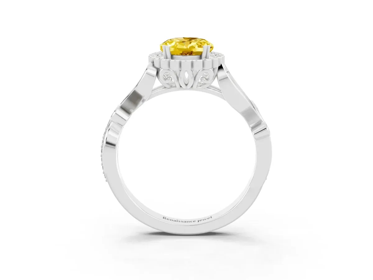 Oval Cut Yellow Sapphire Halo Ring with Vintage Split Shank and Four-Prong Setting Silver