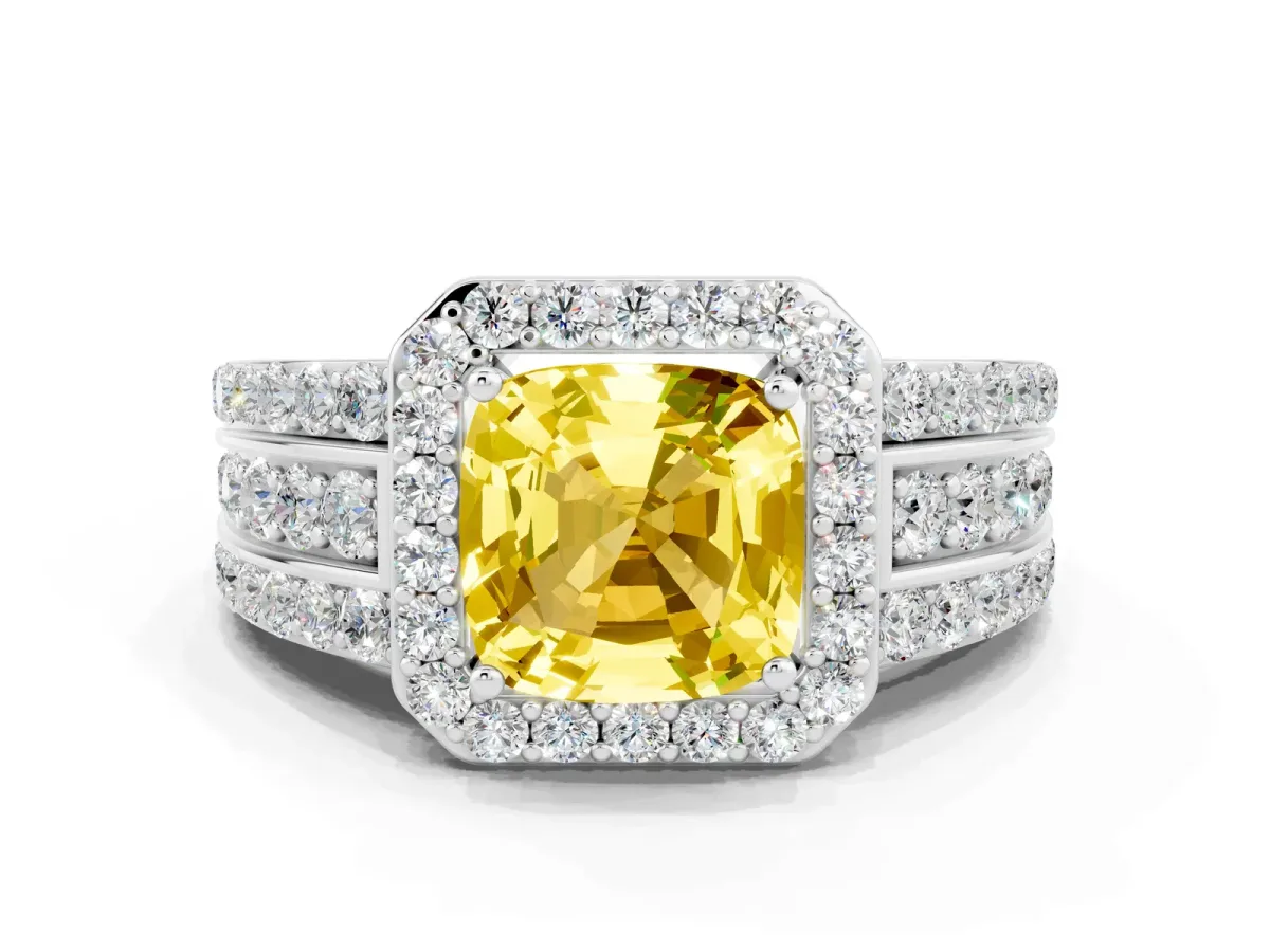 Cushion Cut Halo Yellow Sapphire Ring with Round Split Shank and Prong Setting Silver