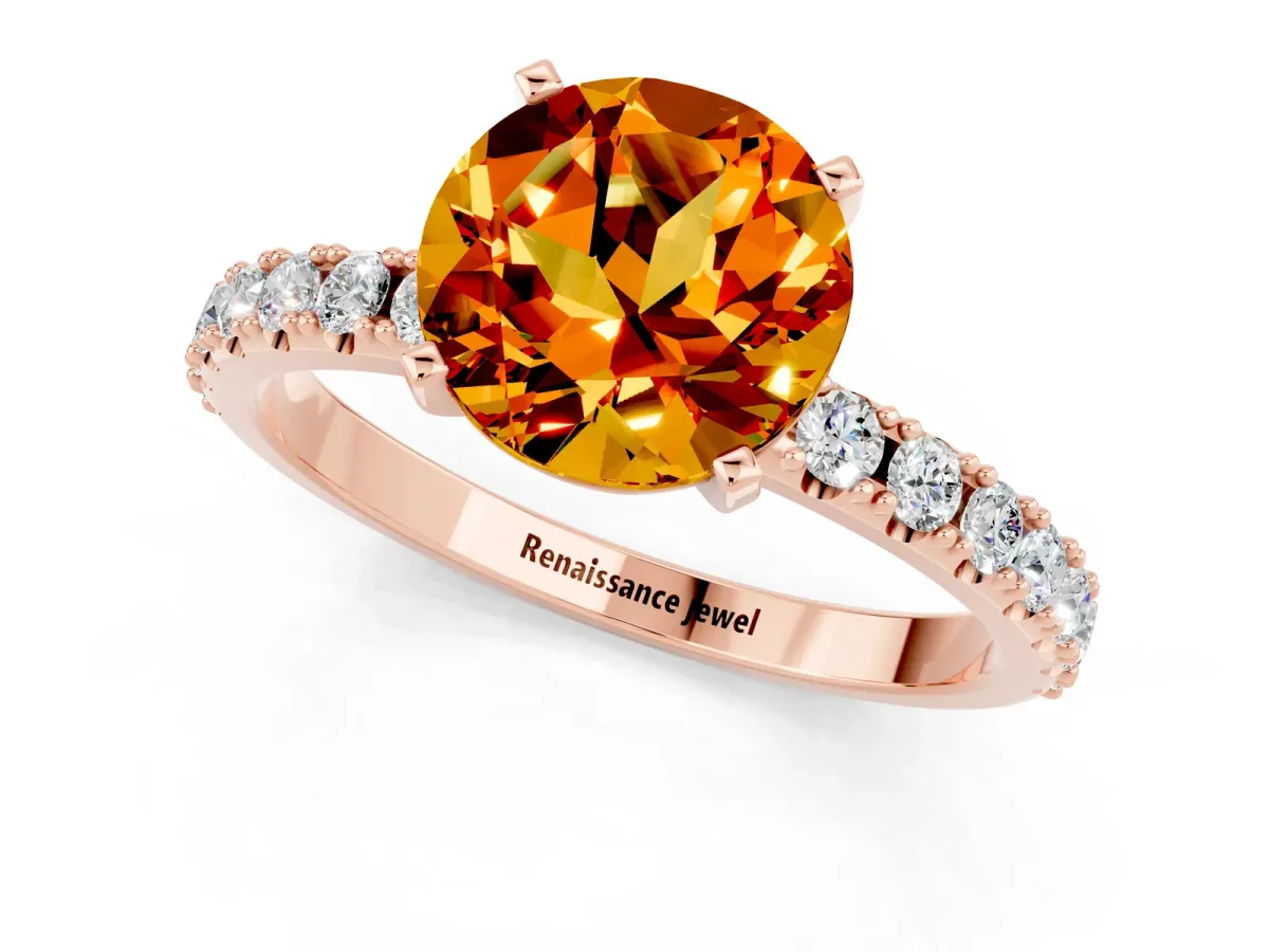 Round Cut Citrine Solitaire Pavé Band with Four-Prong Setting Rose gold