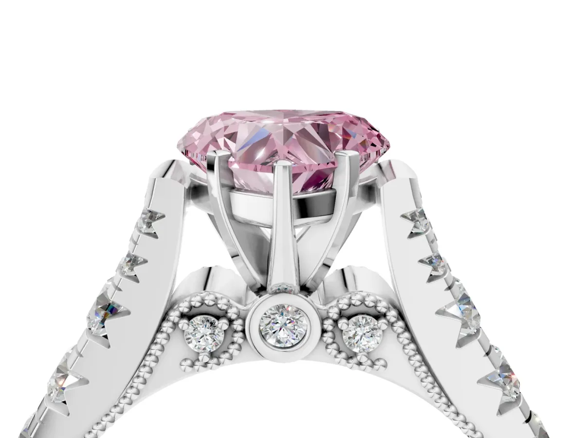 Fancy Pink Heart Cut Diamond Classic Solitaire Ring with Pavé Band and Four-Prong Setting Silver