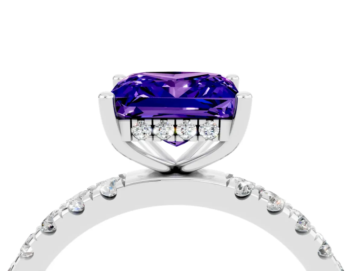 Princess Cut Tanzanite Pave Band Solitaire Ring with Round and Prong Setting Platinum