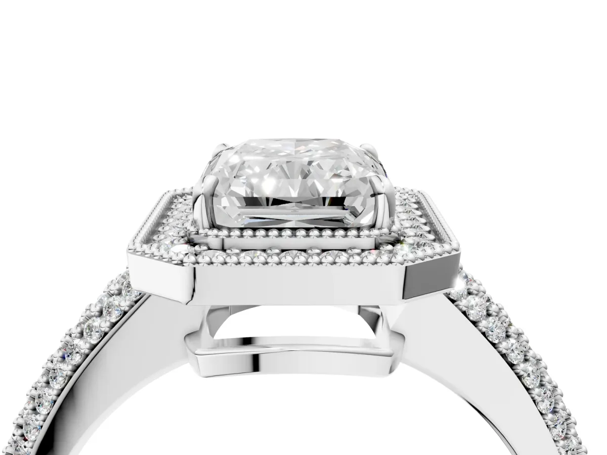 Radiant Cut Cut Halo Diamond Pave Band with Four-Prong Setting Platinum