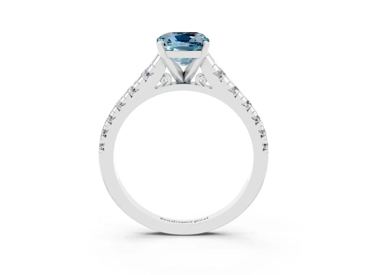 Cushion Cut Aquamarine Cathedral Solitaire Ring with Round Pavé Band Silver