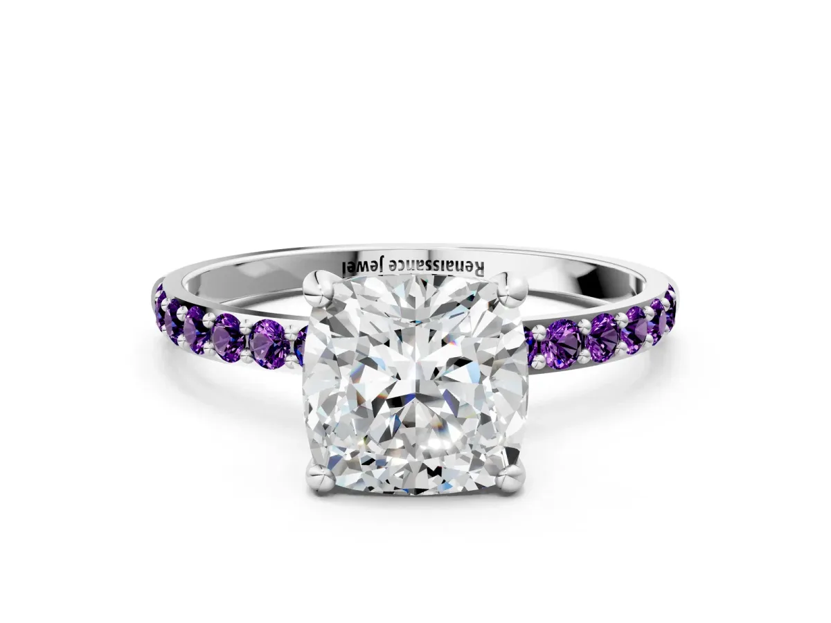 Cushion Cut Diamond Solitaire Ring with Round Amethyst Pavé Band and Prong Setting Silver